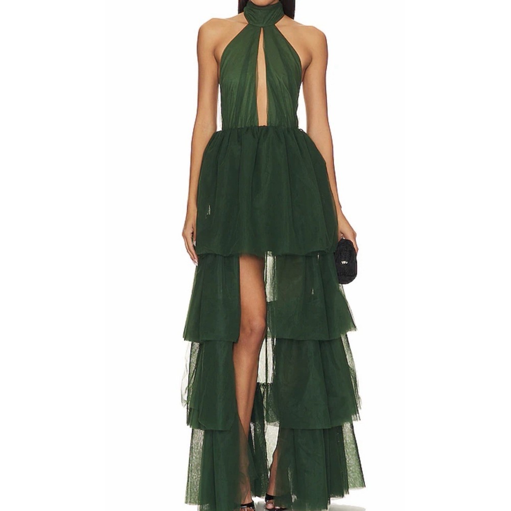 Lovers and Friends Justine Forest Green Tiered Tulle Maxi Dress Size Small